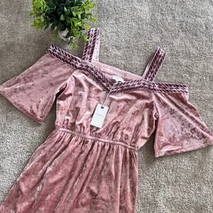 NWT Lucky Brand Pink Crushed Velvet Cold-Shoulder Boho Dress Size: Small